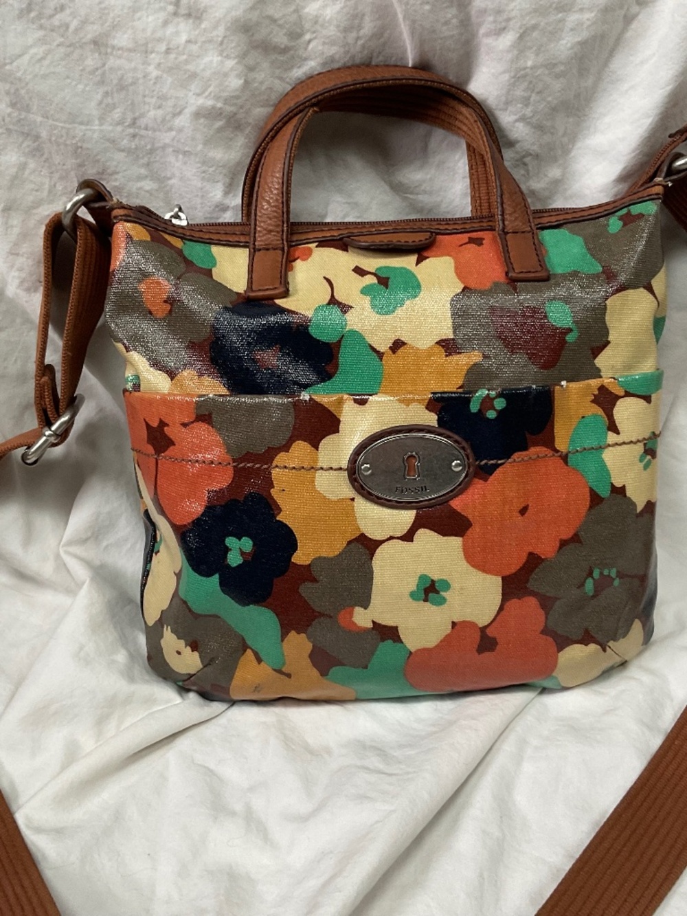 Fossil Key-Per Floral Coated Canvas Crossbodty